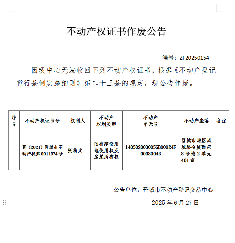 不动产权证书作废公告（一千零三十四）20250154(图1)
