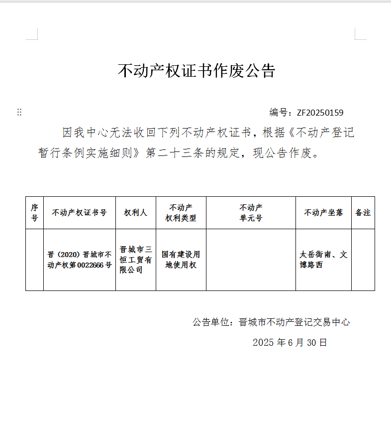 不动产权证书作废公告（一千零三十九）20250159(图1)