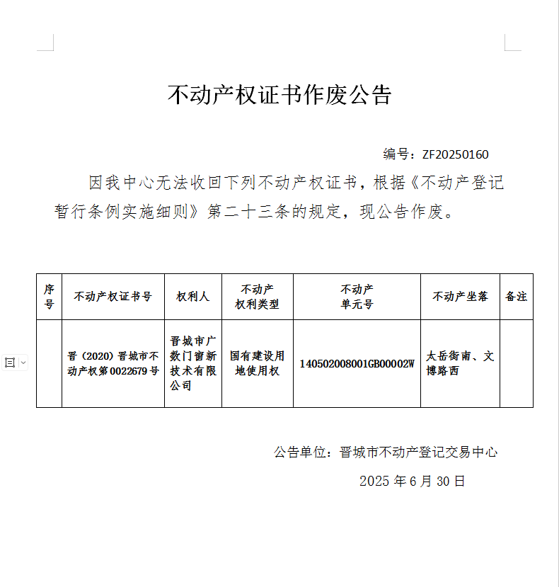 不动产权证书作废公告（一千零四十）20250160(图1)