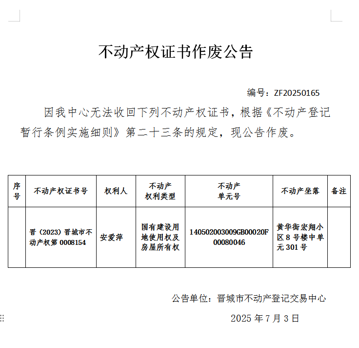 不动产权证书作废公告（一千零四十五）20250165(图1)