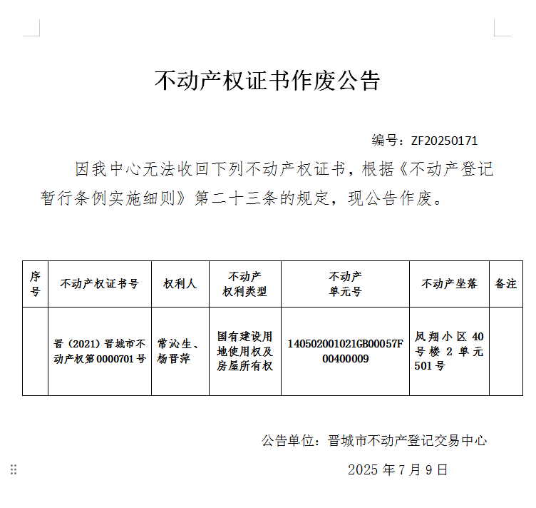 不动产权证书作废公告（一千零五十一）20250171(图1)