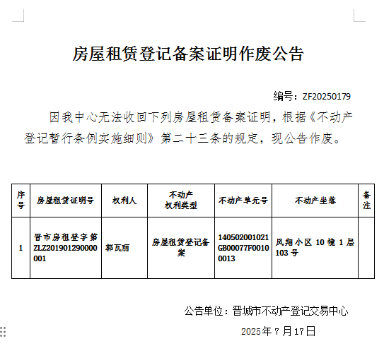 房屋租赁备案证明作废公告（一千零五十九）20250179(图1)