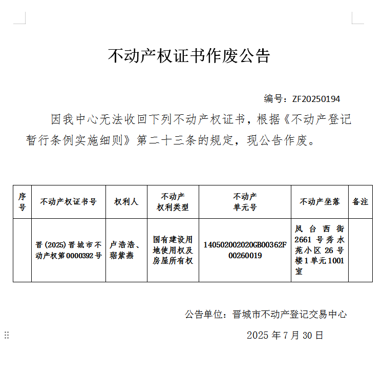 不动产登记证书作废公告（一千零七十四）20250194(图1)