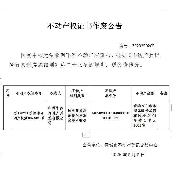 不动产权证书作废公告（一千零八十五）20250205(图1)