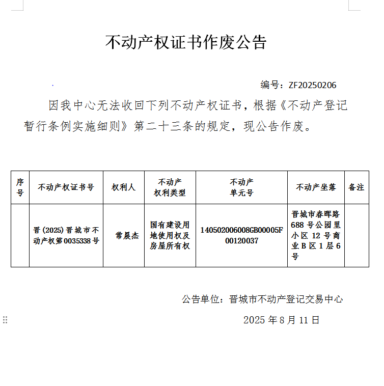不动产权证书作废公告（一千零八十六）20250206(图1)
