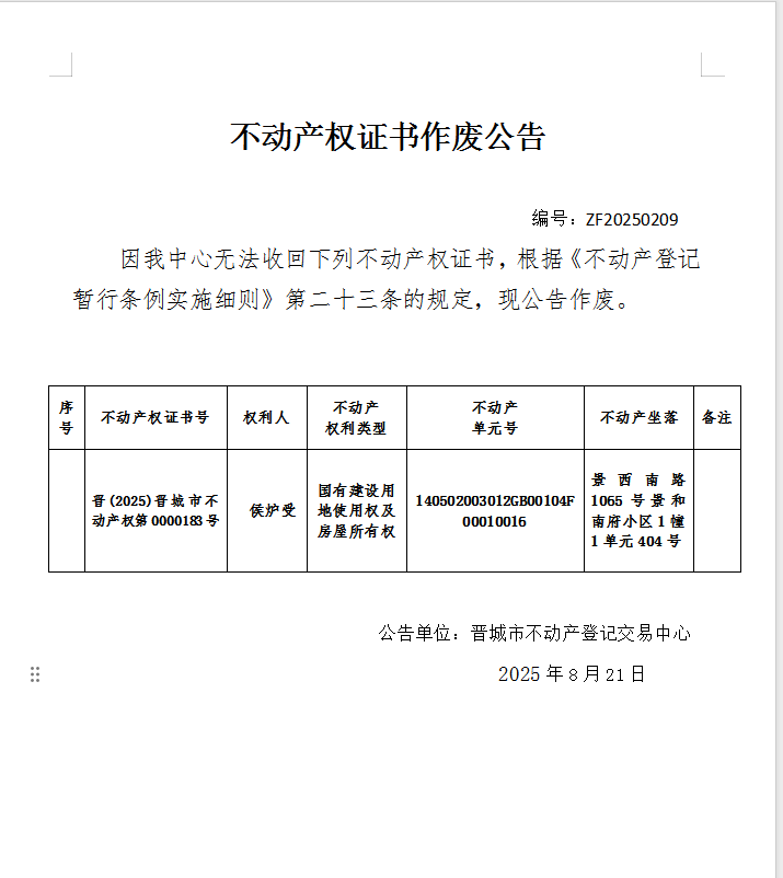 不动产权证书作废公告（一千零八十九）20250209(图1)