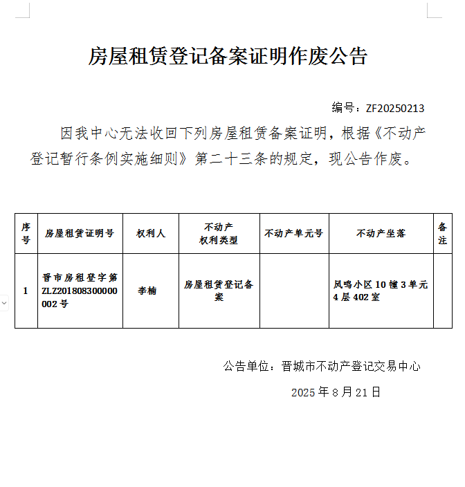 房屋租赁备案证明作废公告（一千零九十三）20250213(图1)