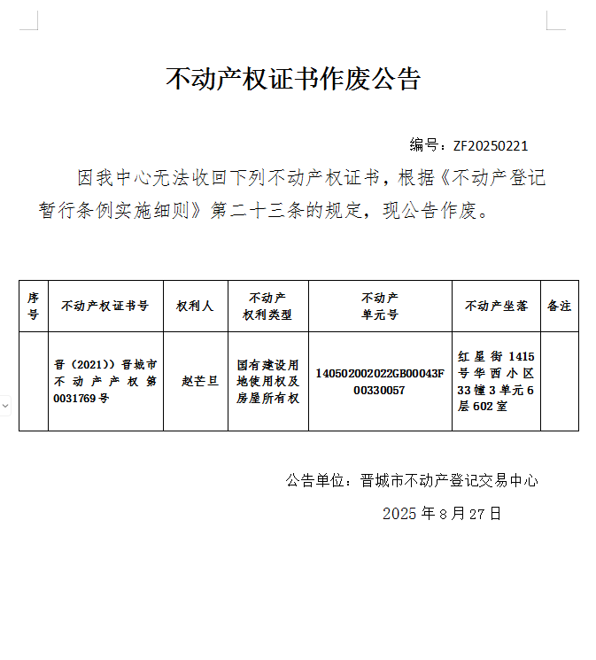 不动产权证书作废公告（一千一百零一）20250221(图1)