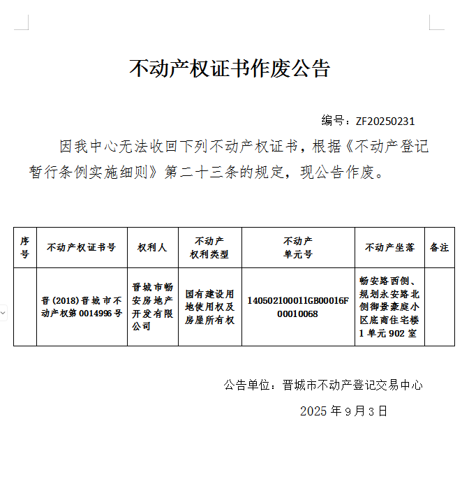 不动产权证书作废公告（一千一百一十一）20250231(图1)