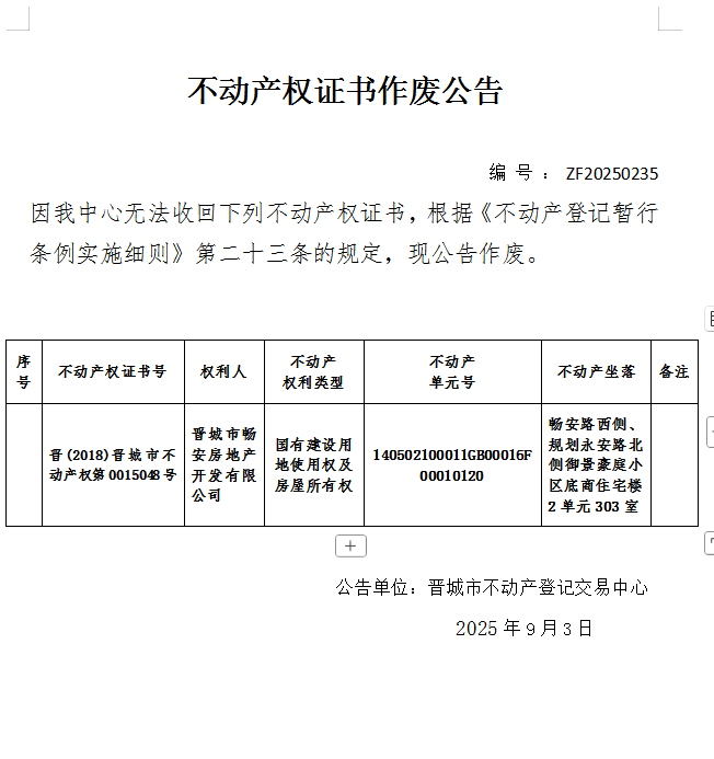 不动产权证书作废公告（一千一百一十五）20250235(图1)