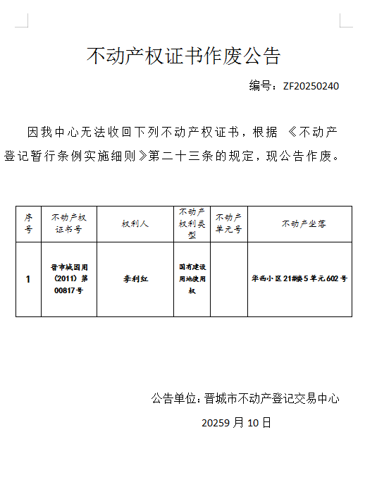 不动产权证书作废公告（一千一百二十）20250240(图1)