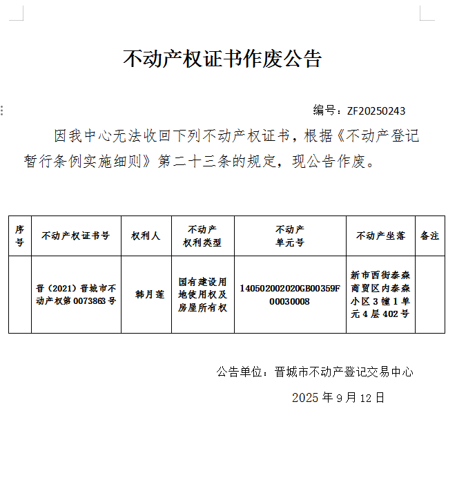 不动产权证书作废公告（一千一百二十三）20250243(图1)