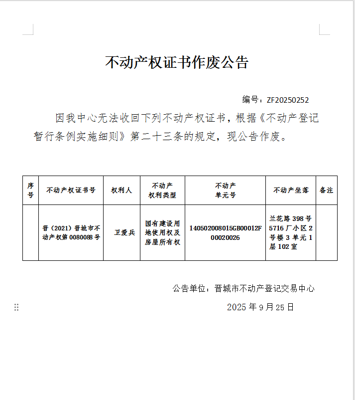 不动产权证书作废公告（一千一百三十二）20250252(图1)