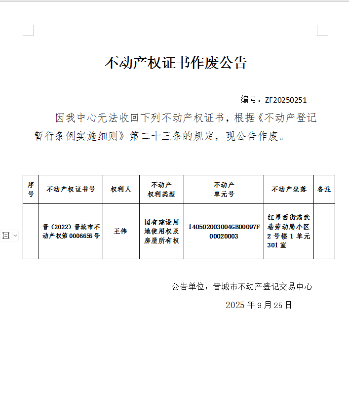 不动产权证书作废公告（一千一百三十一）20250251(图1)