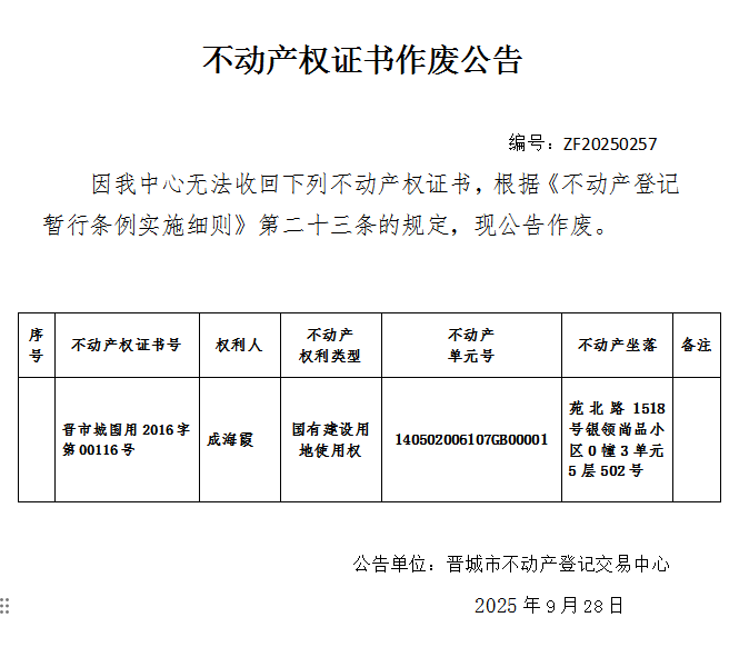 不动产权证书作废公告（一千一百三十七）20250257(图1)