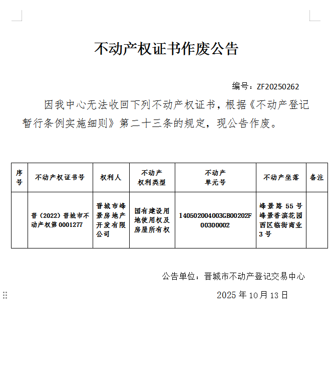 不动产权证书作废公告（一千一百四十二）20250262(图1)