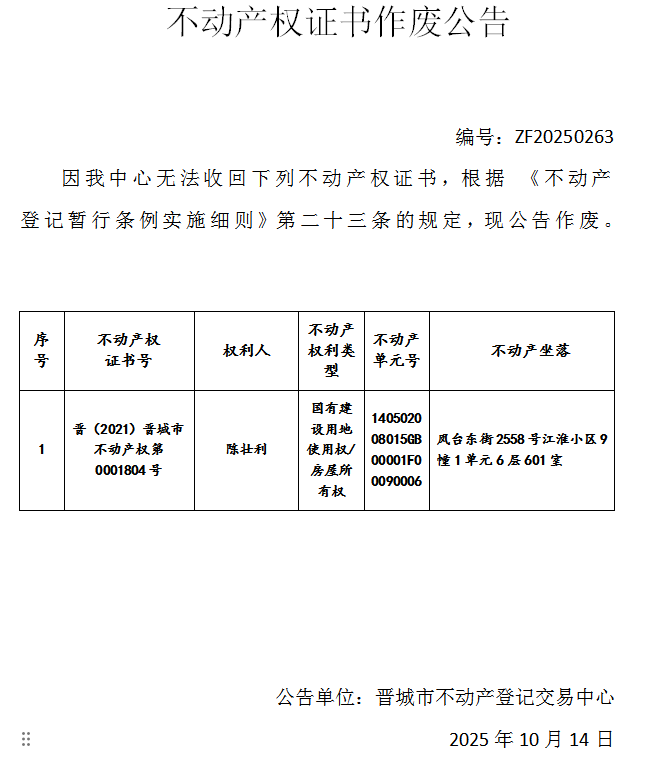 不动产权证书作废公告（一千一百四十三）20250263(图1)