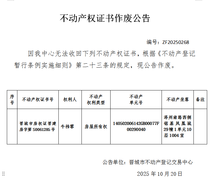 不动产权证书作废公告（一千一百四十八）20250268(图1)