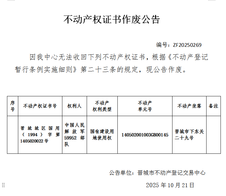不动产权证书作废公告（一千一百四十九）20250269(图1)