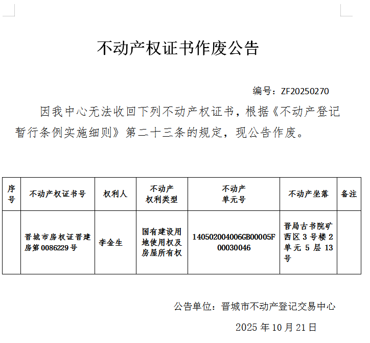 不动产权证书作废公告（一千一百五十）20250270(图1)