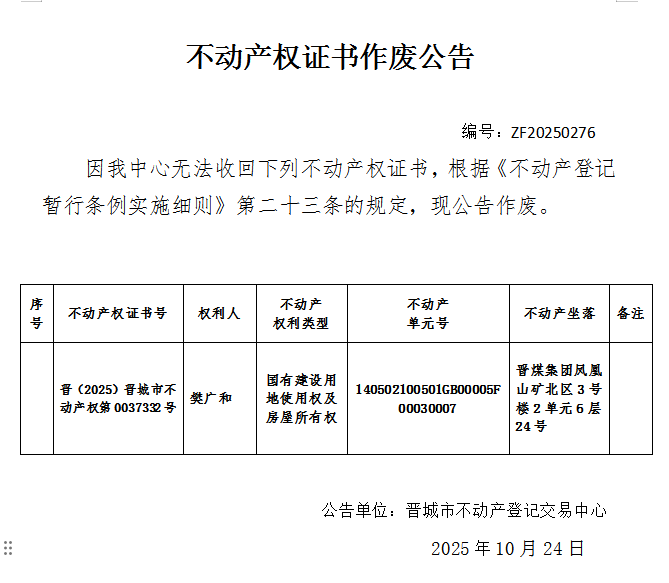 不动产权证书作废公告（一千一百五十六）20250276(图1)