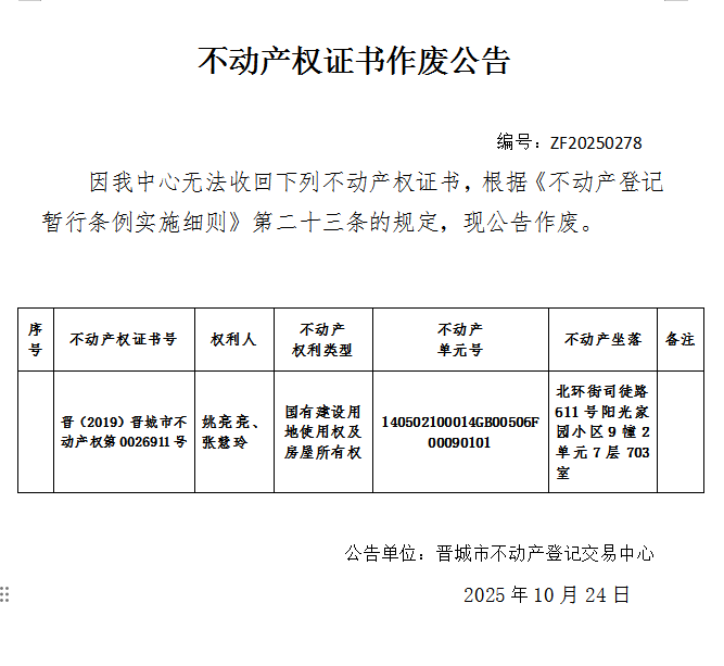不动产权证书作废公告（一千一百五十八）20250278(图1)