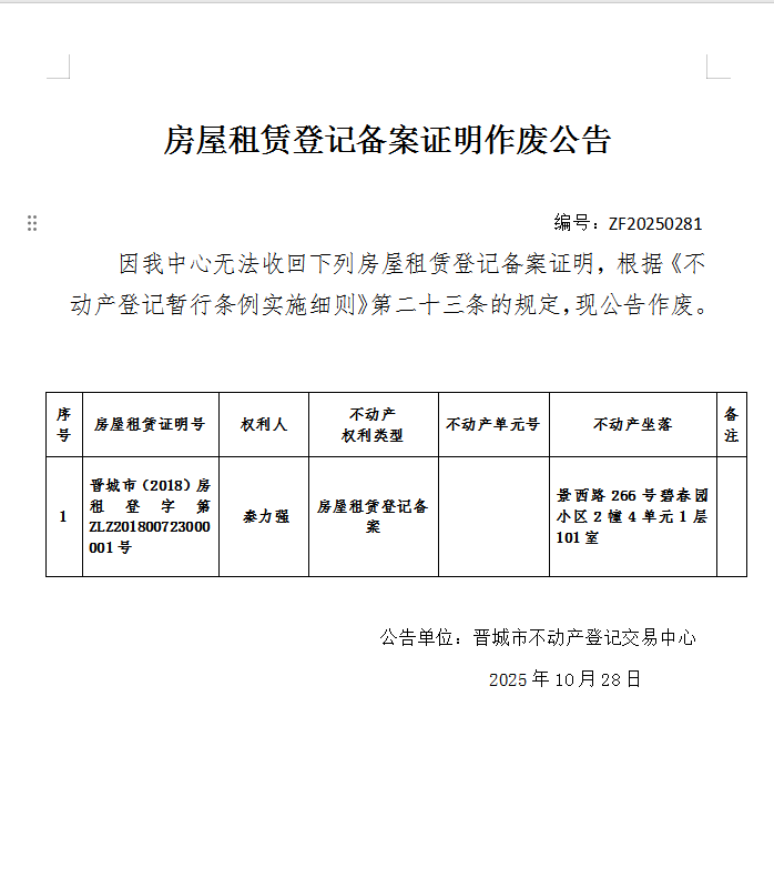 不动产权证书作废公告（一千一百六十一）20240281(图1)