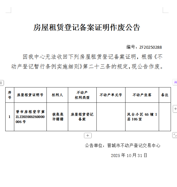 房屋租赁备案证明作废公告（一千一百六十八）20250288(图1)