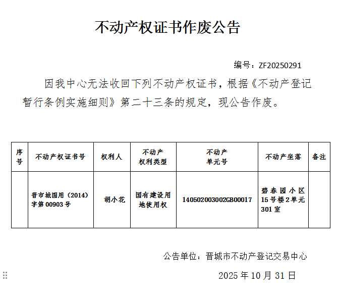 不动产权证书作废公告（一千一百七十一）20250291(图1)