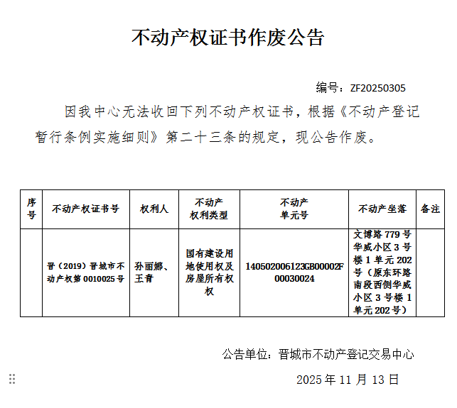 不动产权证书作废公告（一千一百八十五）20250305(图1)