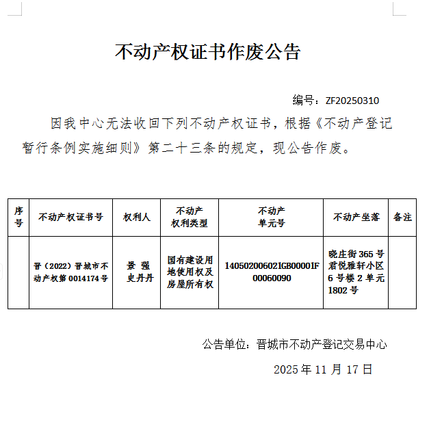 不动产权证书作废公告（一千一百九十）20250310(图1)