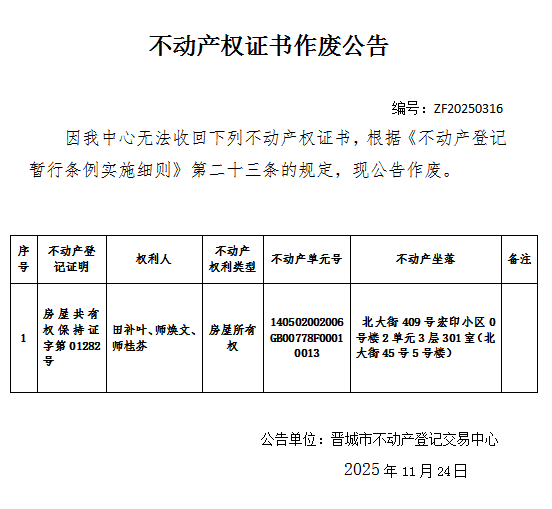 不动产权证书作废公告（一千一百九十六）20250316(图1)