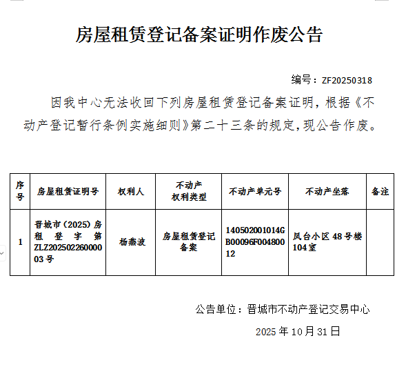 房屋租赁登记备案证明作废公告（一千一百九十八）20250318(图1)