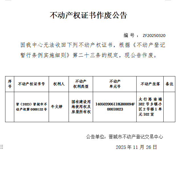 不动产权证书作废公告（一千二百）20250320(图1)