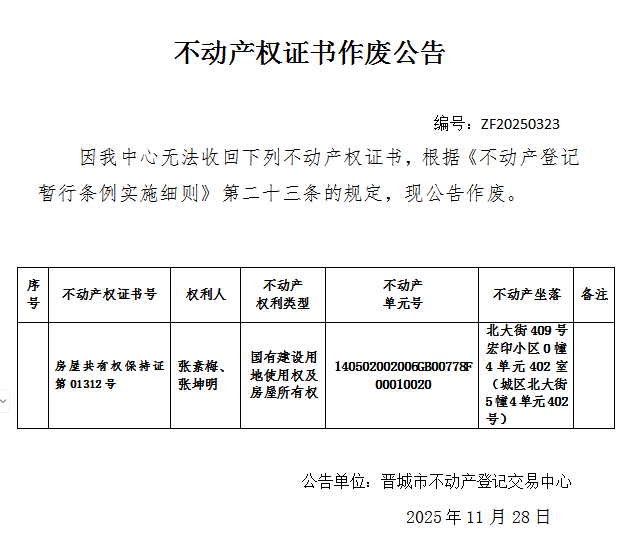 不动产权证书作废公告（一千二百零三）20250323(图1)