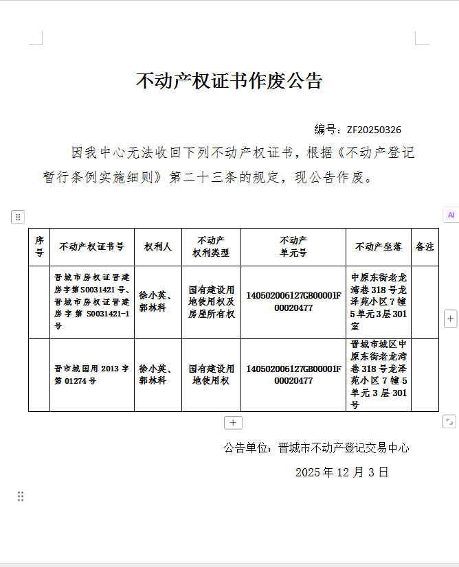 不动产权证书作废公告（一千二百零六）20250326(图1)