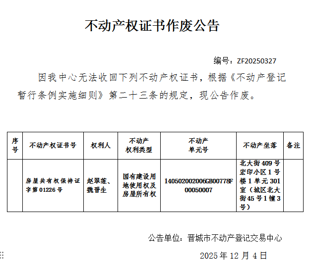 不动产权证书作废公告（一千二百零七）20250327(图1)