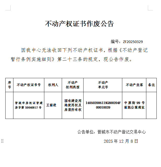 不动产权证书作废公告（一千二百零九）20250329(图1)