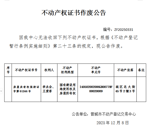 不动产权证书作废公告（一千二百一十一）20250331(图1)