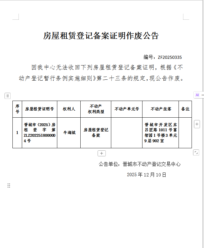 房屋租赁登记备案证明作废公告（一千二百一十五）20250335(图1)