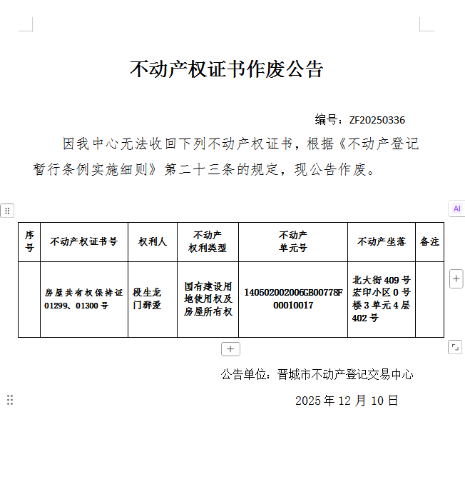 不动产权证书作废公告（一千二百一十六）20250336(图1)