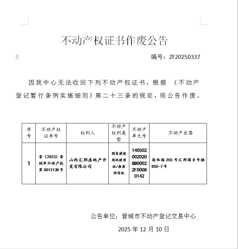 不动产权证书作废公告（一千二百一十七）20250337(图1)