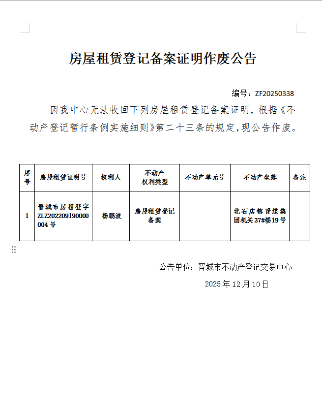 房屋租赁登记备案证明作废公告（一千二百一十八）20250338(图1)
