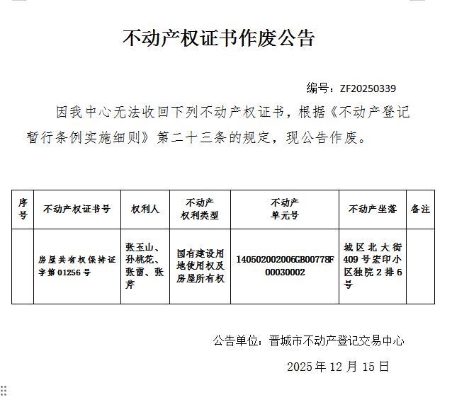 不动产权证书作废公告（一千二百一十九）20250339(图1)