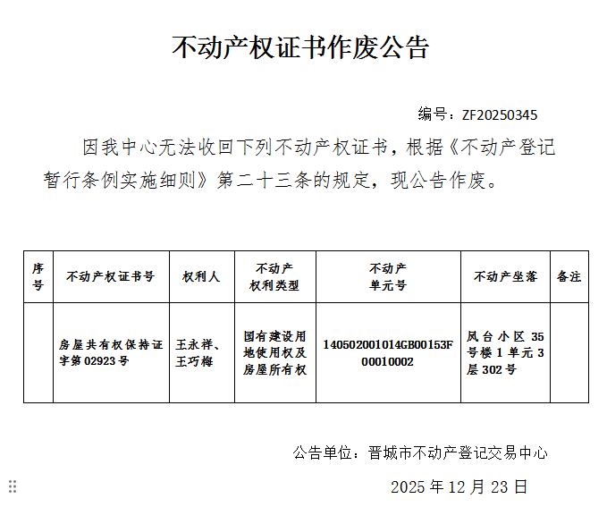 不动产权证书作废公告（一千二百二十五）20250345(图1)