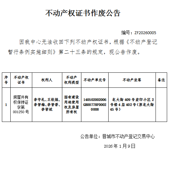 不动产权证书作废公告（一千二百三十七）20260005(图1)
