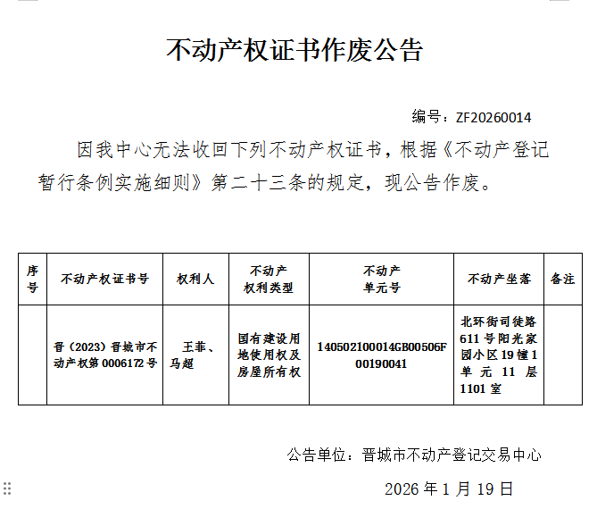不动产权证书作废公告（一千二百四十六）20260014(图1)