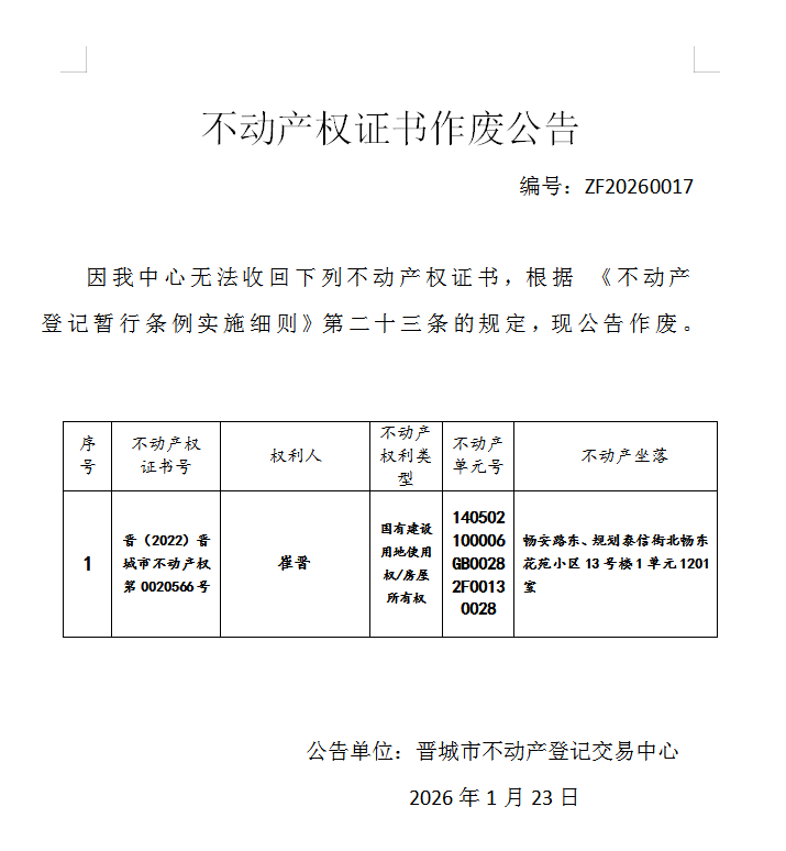 不动产登记证明作废公告（一千二百四十九）20260017(图1)