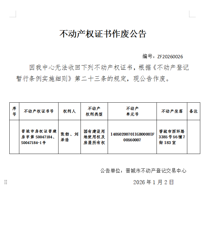 不动产权证书作废公告（一千二百五十八）20260026(图1)