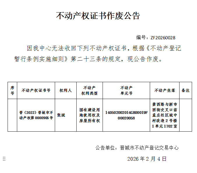 不动产权证书作废公告（一千二百六十）20260028(图1)